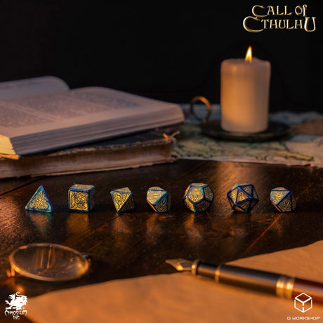 Q Workshop Call of Cthulhu 7th Edition Blue-Green & Gold Dice Set (7 pezzi) – Set di Dadi per Giochi di Ruolo