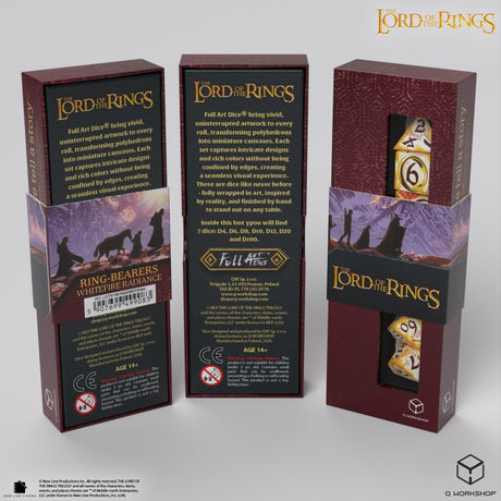 Q Workshop The Lord of the Rings Ring-bearers Full Art Dice Set Whitefire Radiance (7 pezzi) – Set di Dadi per Giochi di Ruolo